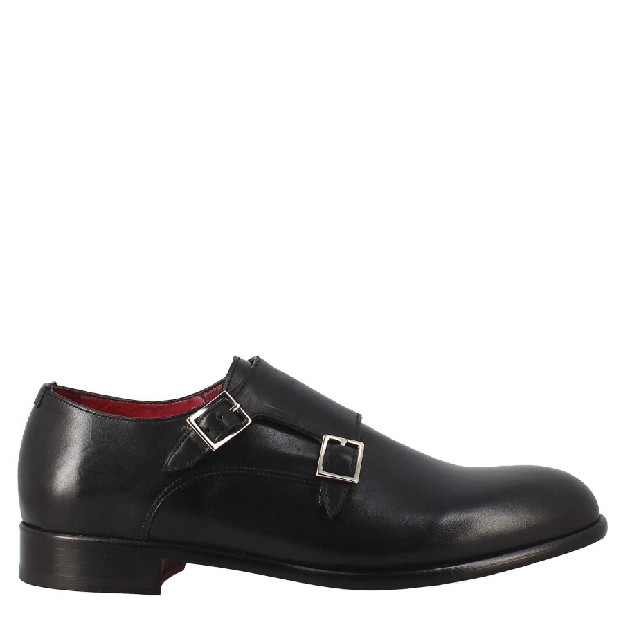 Leonardo Double Buckle Men'S Shoe In Black Leather