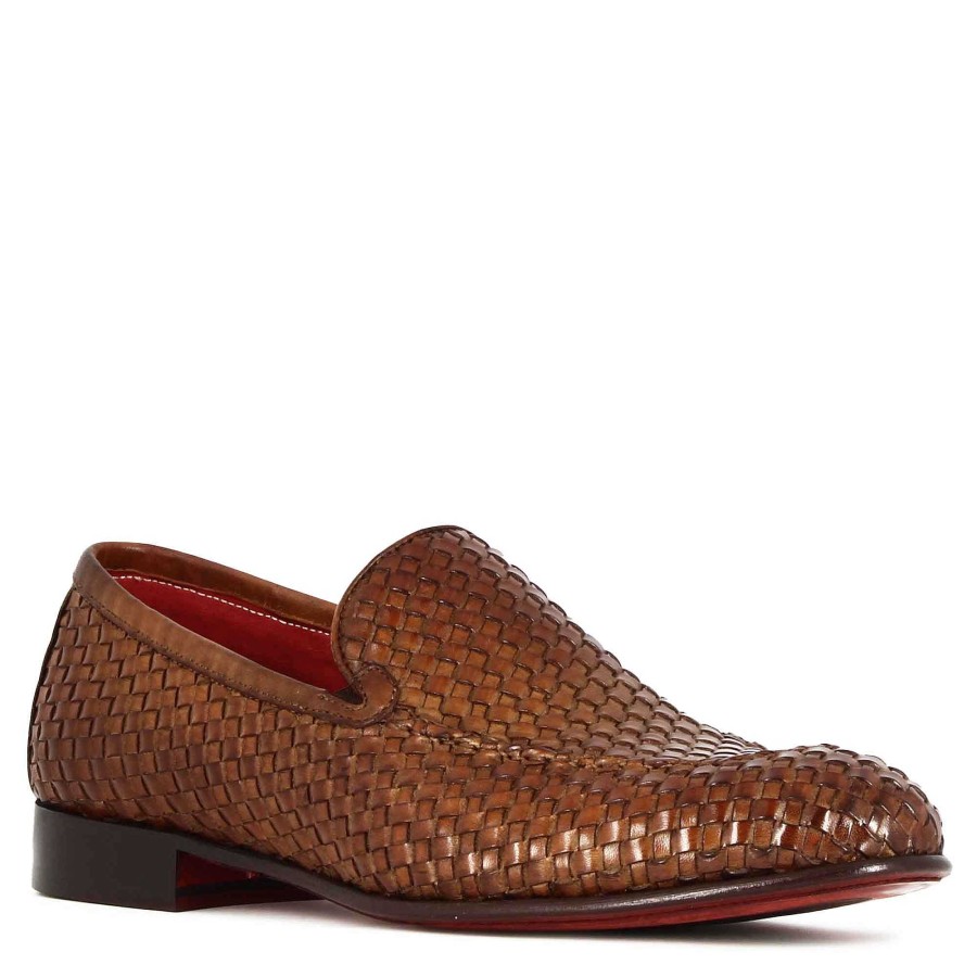 Leonardo Classic Men'S Moccasin In Light Brown Woven Leather