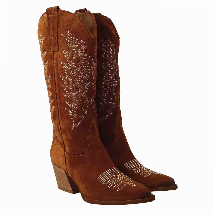 Leonardo Women'S Medium Texan Boots In Brown Suede With Embroidery.