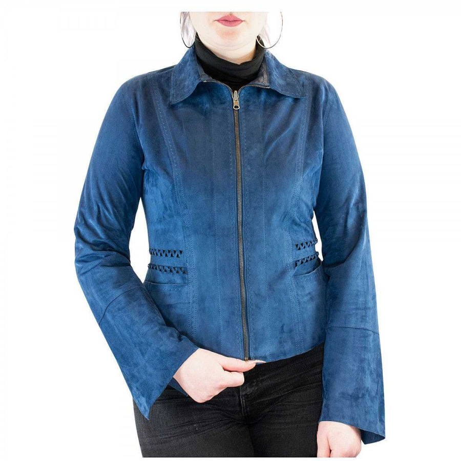 Leonardo Reversible Africa Model Slim Fit Jacket For Women, Handmade In Blue Reindeer And Lamb Leather