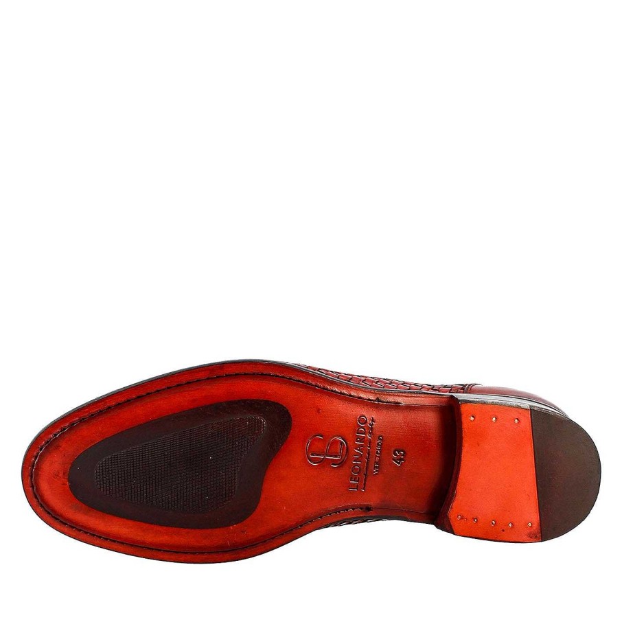 Leonardo Elegant Red Men'S Loafer In Woven Full Grain Leather