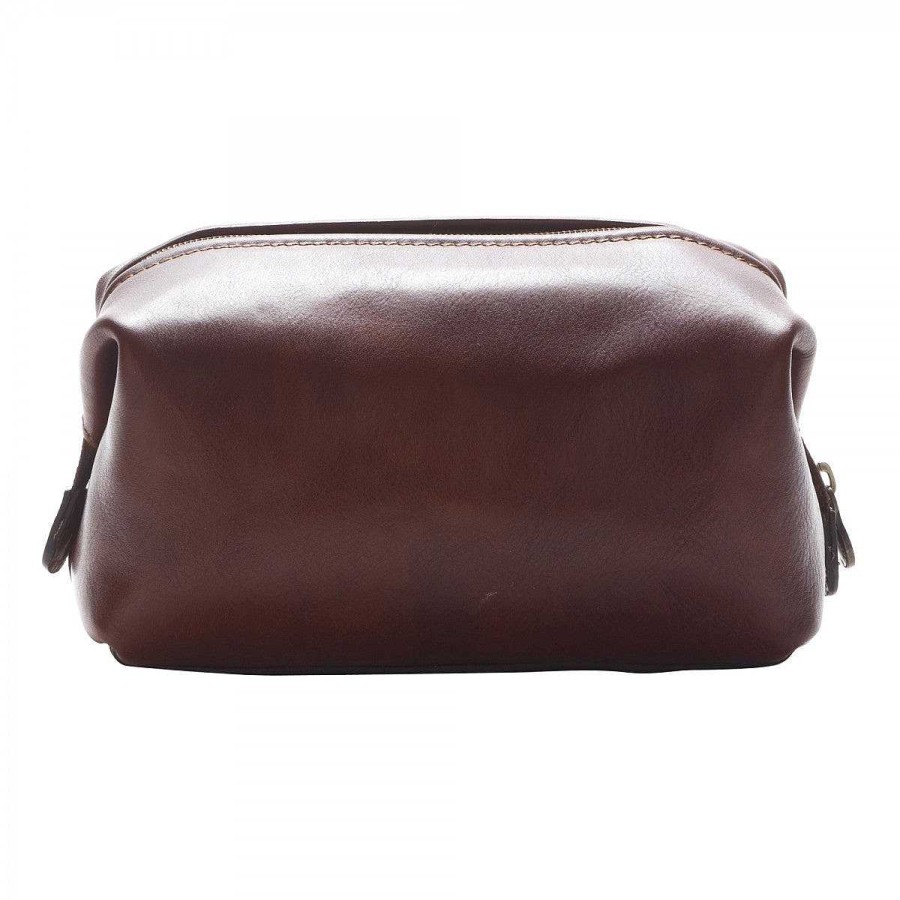 Leonardo Large Toiletry Bag In Full Grain Leather With Zip Closure And Utility Pocket