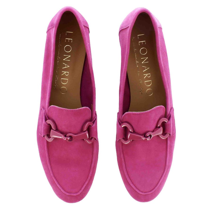 Leonardo Women'S Moccasin In Suede With Horsebit In Fuchsia Colour