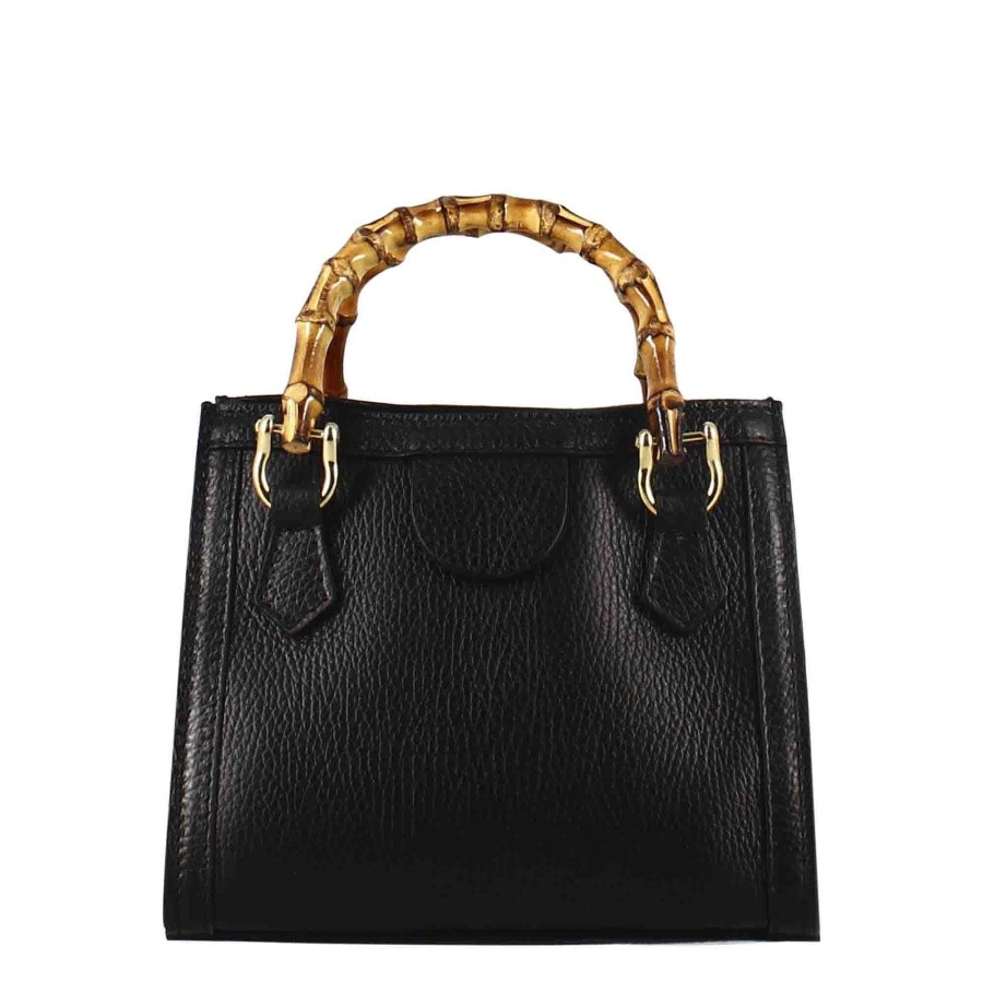 Leonardo Bamboo Women'S Bag In Black Leather With Wooden Handles And Shoulder Strap