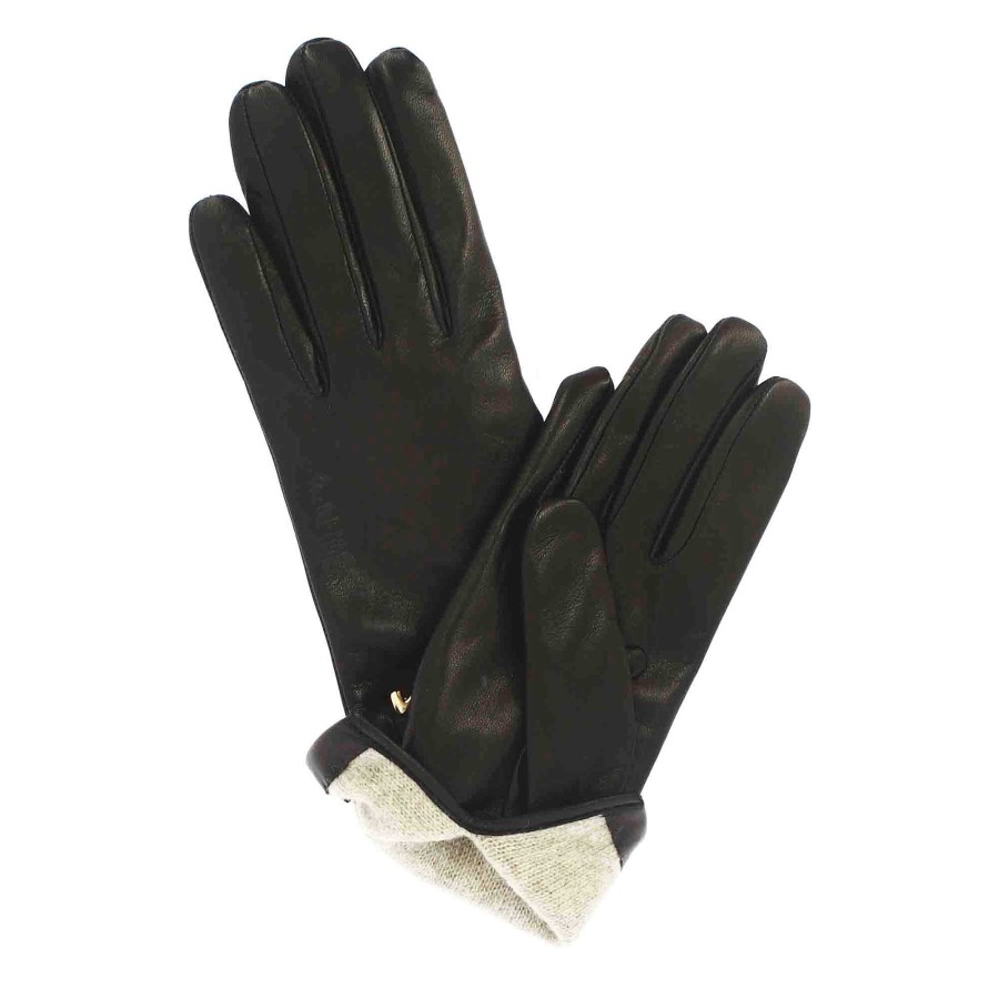 Leonardo Women'S Black Leather Glove With Gold Clamp And Cashmere Lining