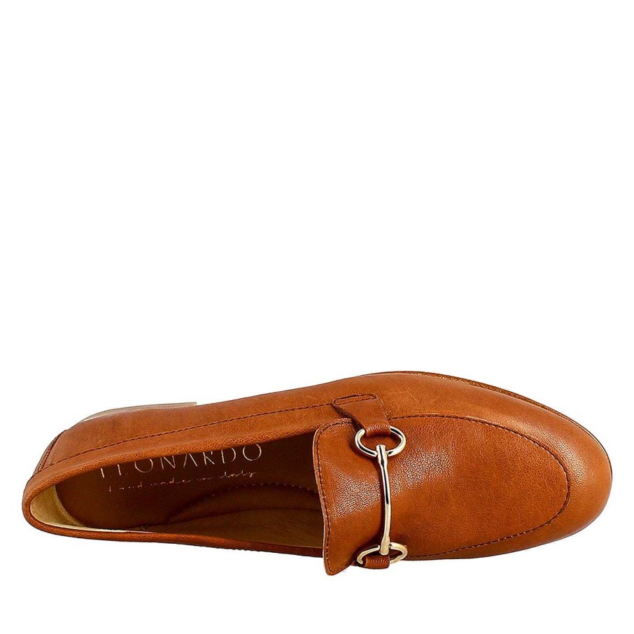 Leonardo Women'S Moccasin In Brown Leather With Gold Clamp