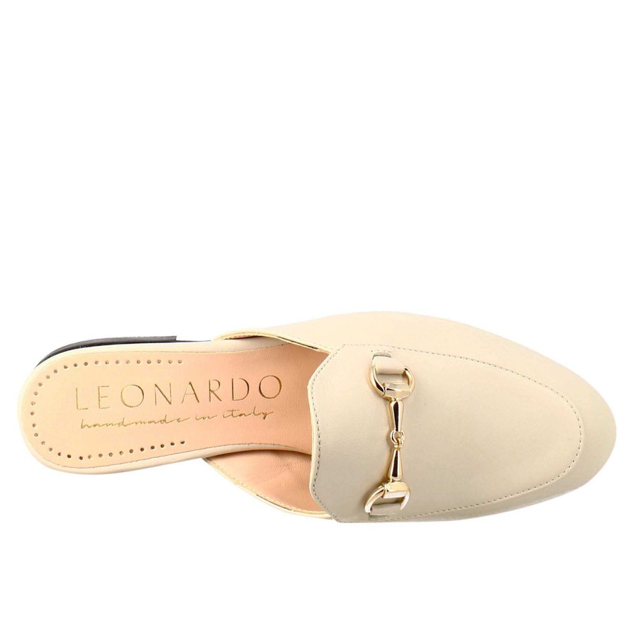 Leonardo White Sabot With Golden Buckle And Real Leather Sole