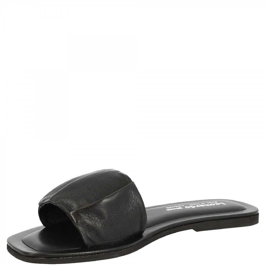 Leonardo Women'S Wide Band Slip-On Sandals With Handmade Pleats In Black Nappa