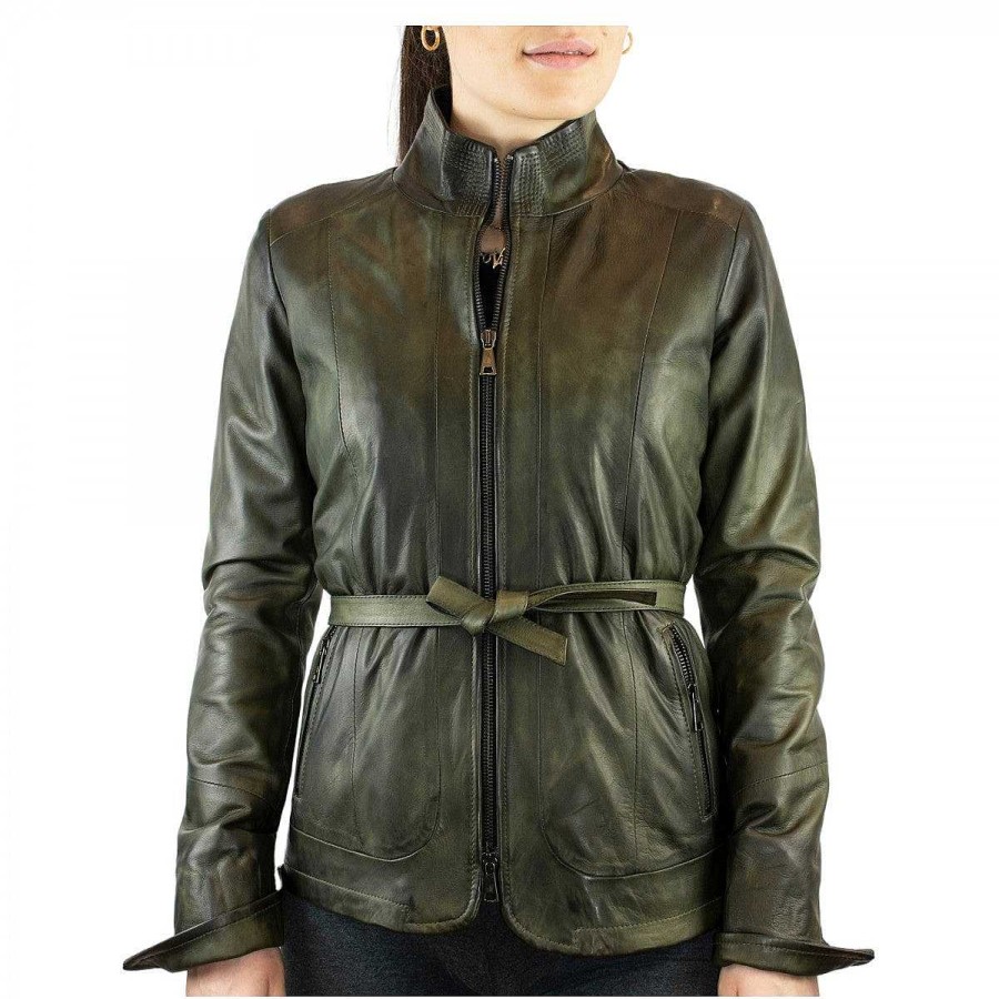 Leonardo Cesira Model Women'S Handmade Jacket In Military Green Lambskin With Belt