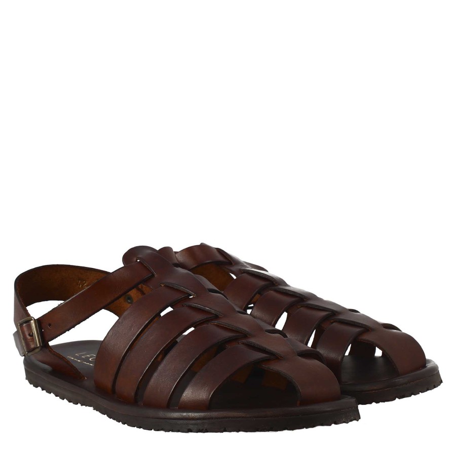 Leonardo Handmade Men'S Franciscan Sandals In Brown Leather With Ankle Strap