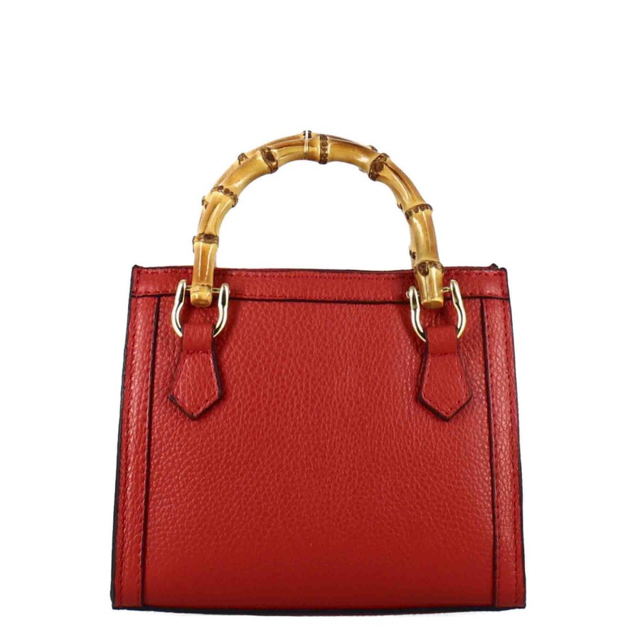 Leonardo Bamboo Women'S Bag In Red Leather With Wooden Handles And Shoulder Strap