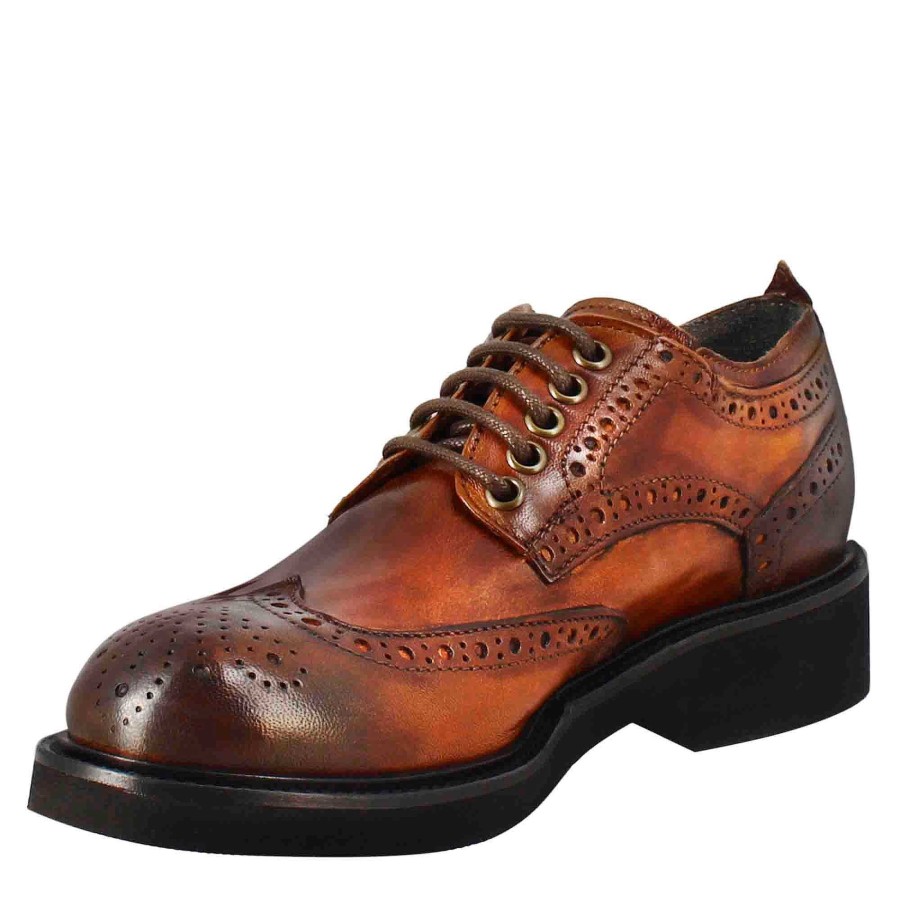 Leonardo Women'S Derby With Paupa Brogue Details In Dark Tan Washed Leather