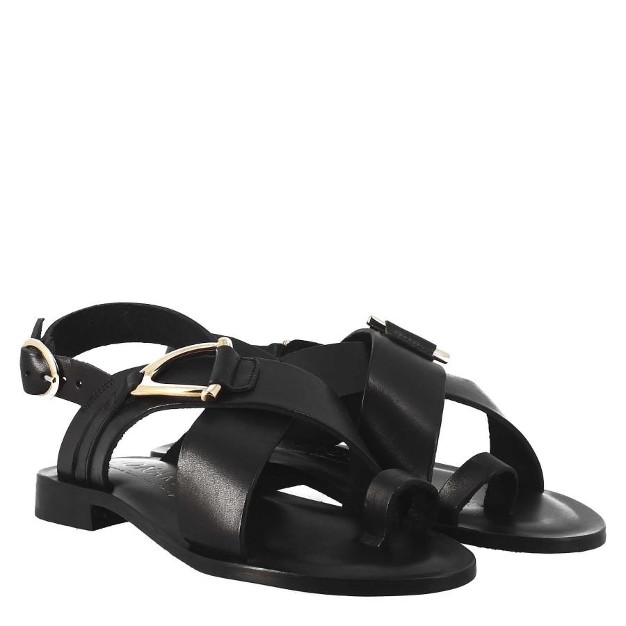 Leonardo Women'S Black Leather Thong Sandals