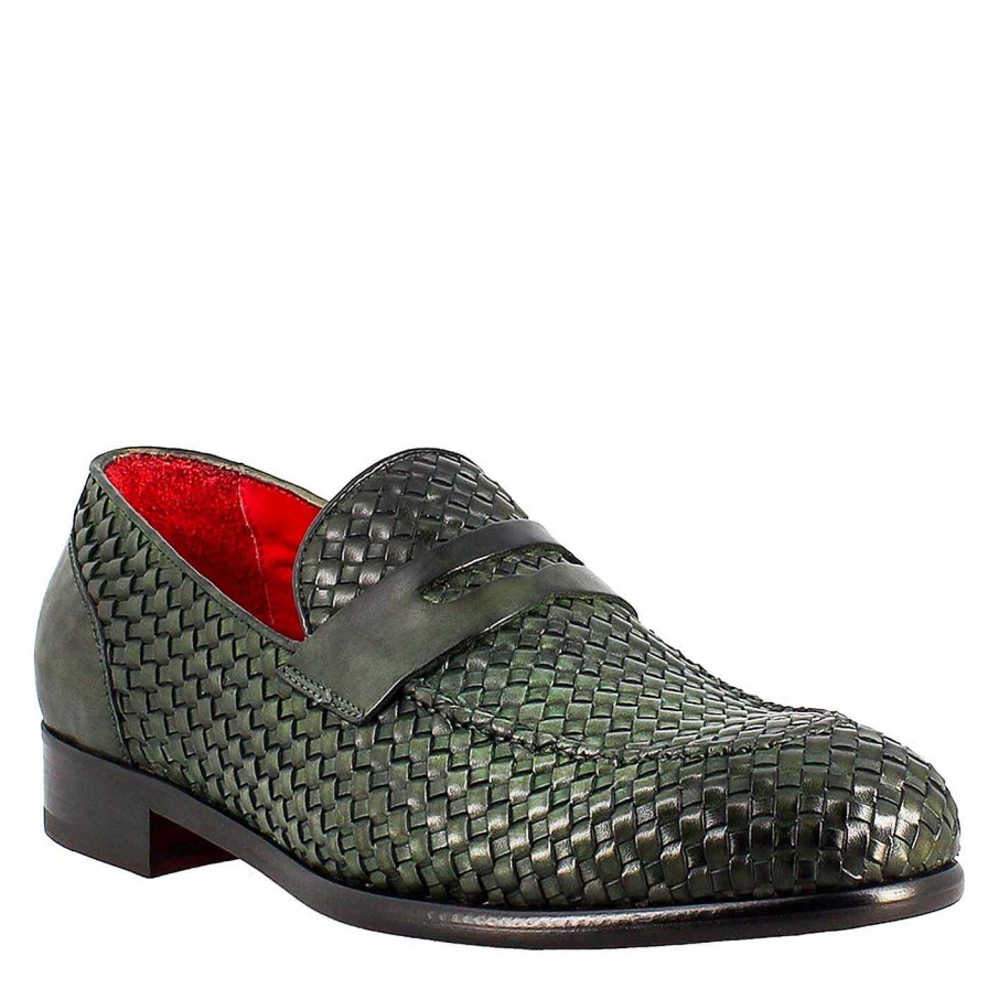 Leonardo Elegant Green Men'S Moccasin In Woven Full Grain Leather