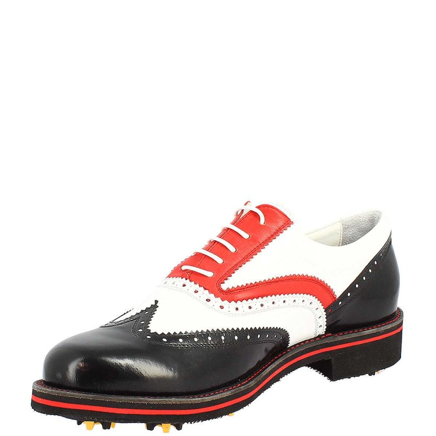 Leonardo Handcrafted Men'S Golf Shoes In Black White Red Full Grain Leather