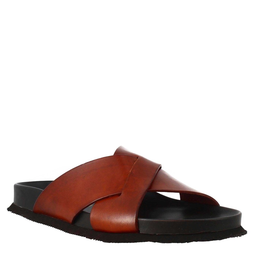 Leonardo Brown Leather Men'S Sandals Open At The Back