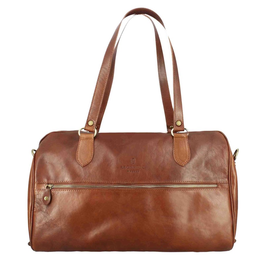 Leonardo Brown Leather Travel Bags With Handles And Removable Shoulder Strap