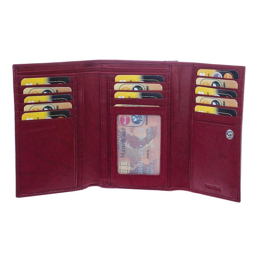 Leonardo Sauvage Women'S Wallet In Red Calfskin, Card Holder, Banknotes, Button Closure