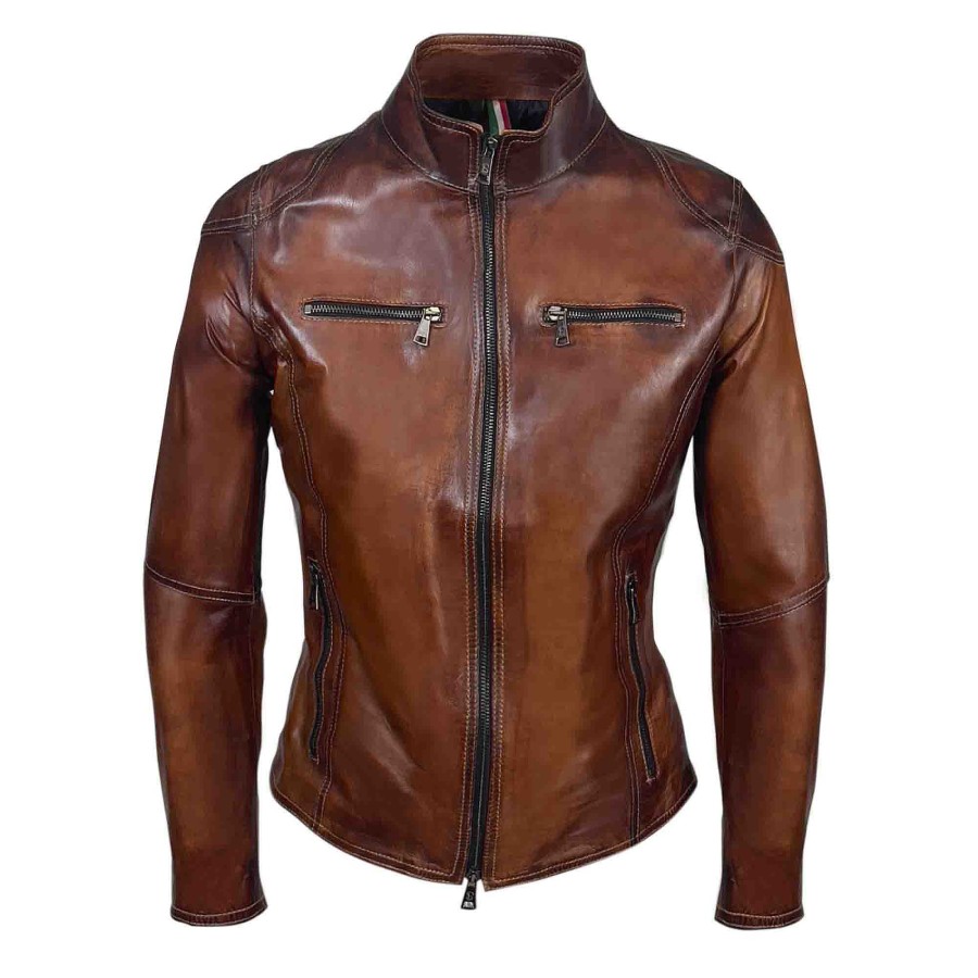 Leonardo Women'S Jacket In High Quality Brown Vegetable Tanned Leather