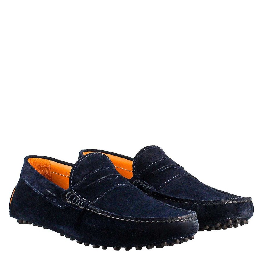 Leonardo Handcrafted Carshoe Moccasins For Men In Blue Suede Leather.