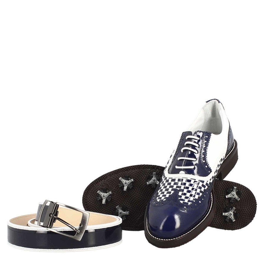 Leonardo Women'S Golf Shoes In Blue And White With Handcrafted Leather Brogue Details