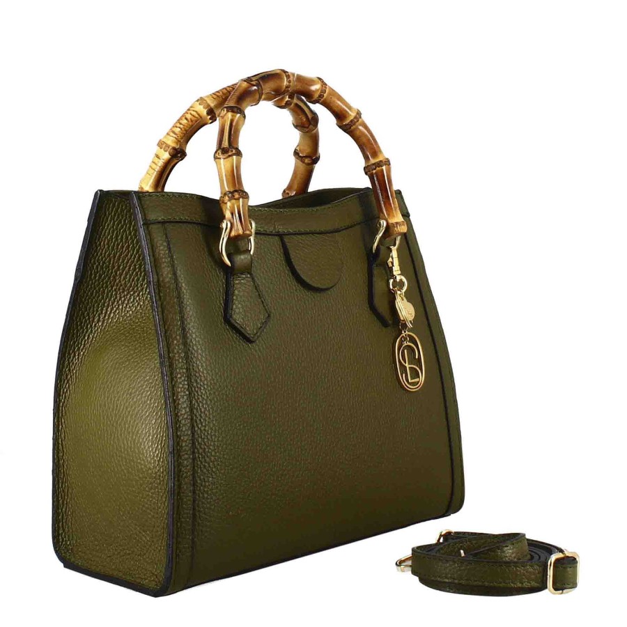 Leonardo Bamboo Women'S Bag In Green Leather With Wooden Handles And Shoulder Strap