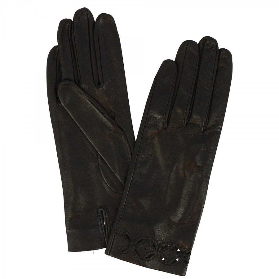 Leonardo Quadrigoflio Handmade Women'S Gloves In Black Nappa With Decoration