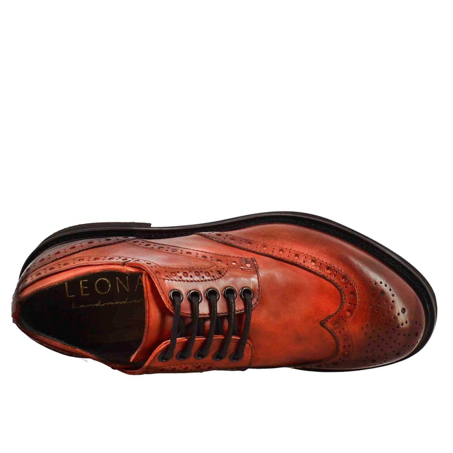 Leonardo Women'S Derby With Paupa Brogue Details In Red Washed Leather