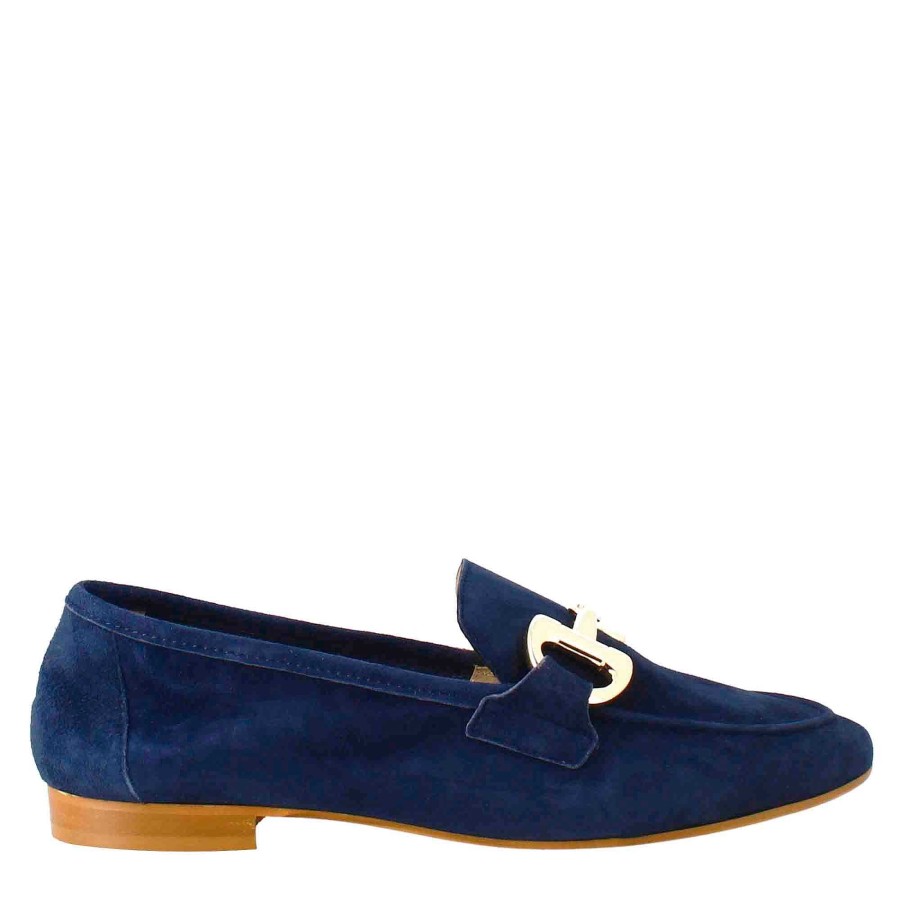 Leonardo Women'S Moccasin In Blue Suede With Gold Buckle