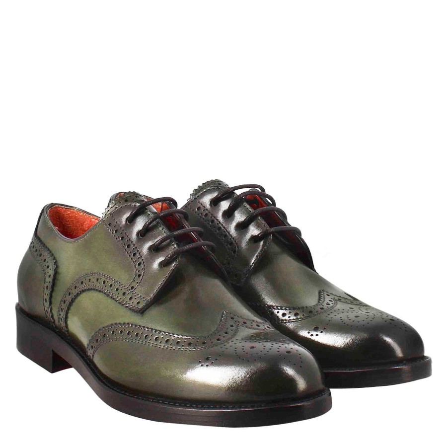 Leonardo Women'S Derby With Brogue Effect In Dark Green Leather