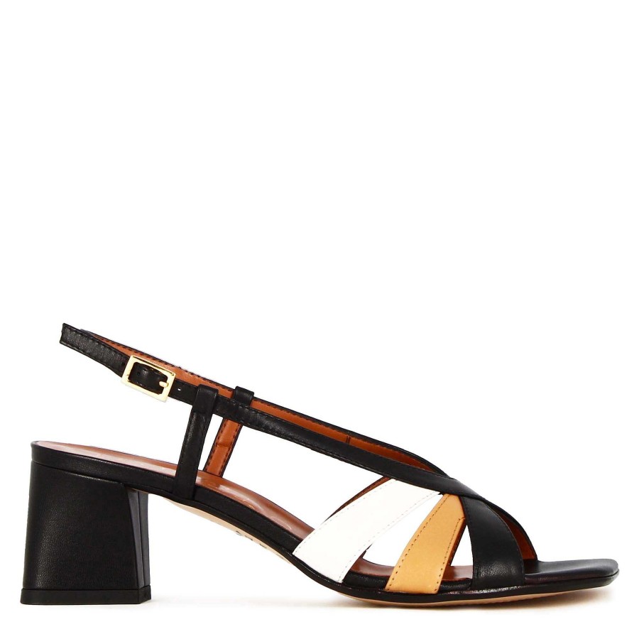 Leonardo Classic Women'S Sandal In Black Leather With Multicolored Bands