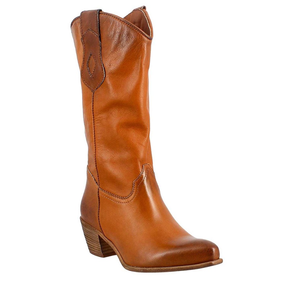 Leonardo Unlined Women'S Texan Boots In Brown Vintage Leather.