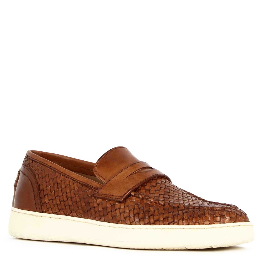 Leonardo Handmade Men'S Sneaker In Brown Woven Leather