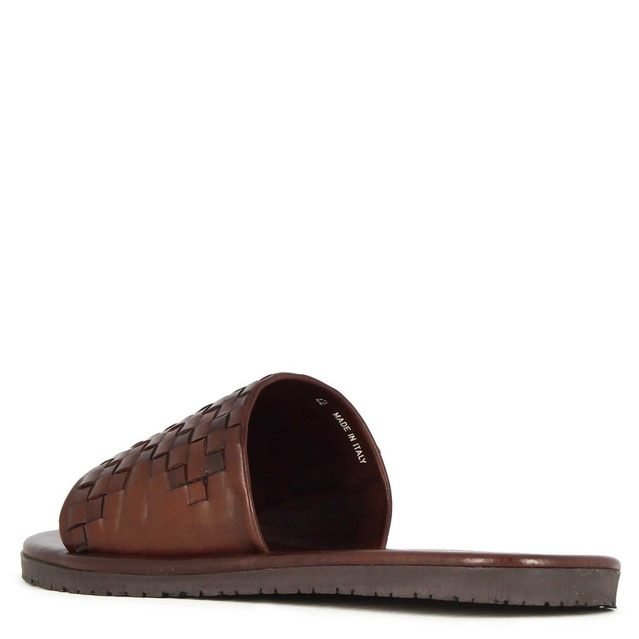 Leonardo Men'S Slide Sandal With Brown Woven Leather Band