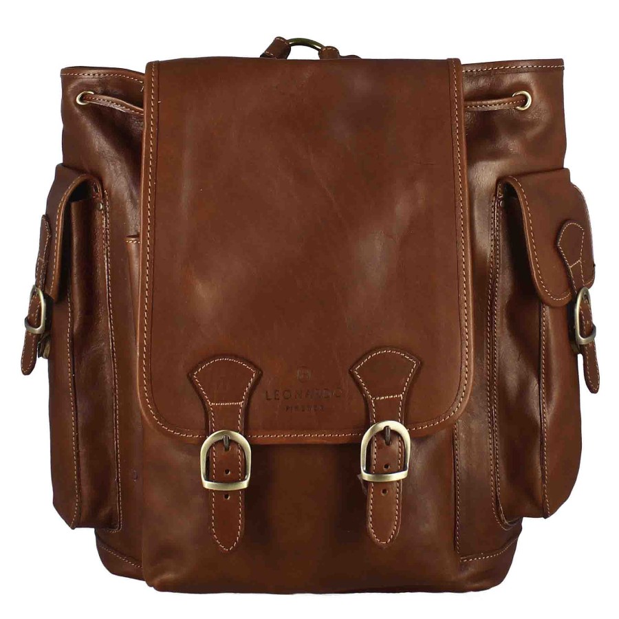 Leonardo Multi-Pocket Men'S Backpack In Full-Grain Leather With Brown Buckle Closure