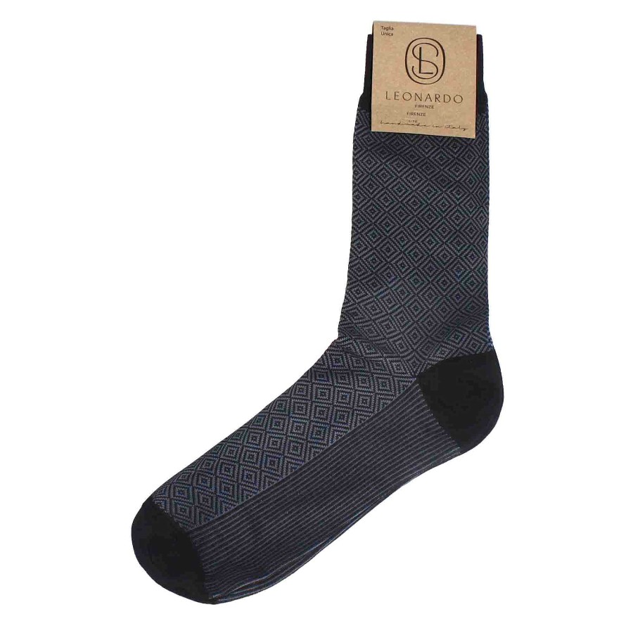 Leonardo Men'S Socks In Gray Cotton With Black Pattern