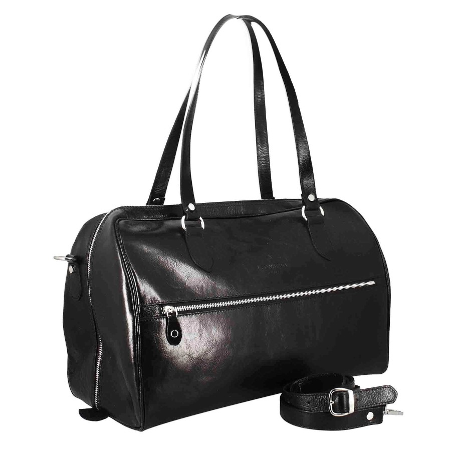 Leonardo Black Leather Travel Bags With Handles And Removable Shoulder Strap