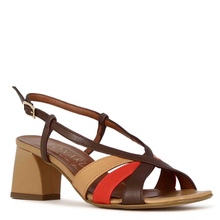 Leonardo Classic Women'S Sandal In Light Brown Leather With Multicolored Bands