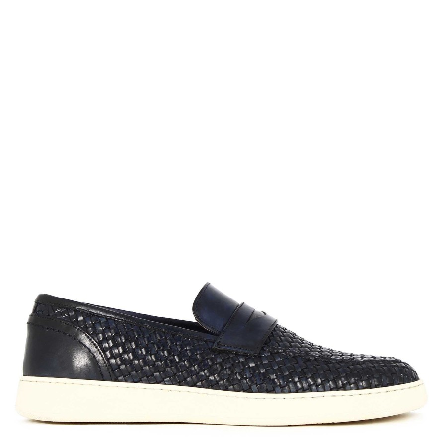 Leonardo Handmade Men'S Sneaker In Blue Woven Leather