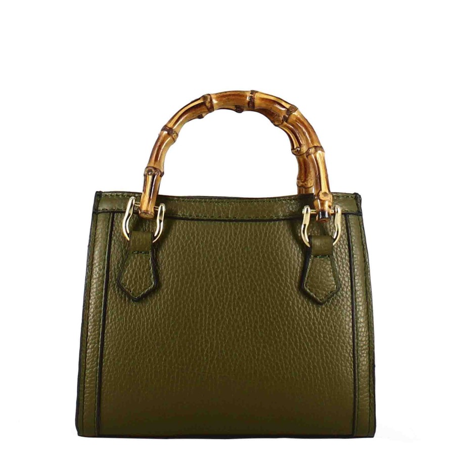 Leonardo Mini Bamboo Women'S Handbag In Green Leather With Wooden Handles And Shoulder Strap