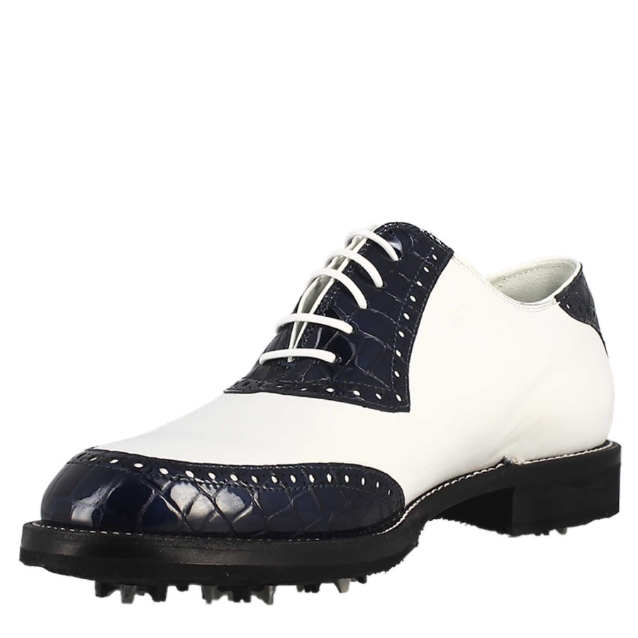 Leonardo Handcrafted Women'S Golf Shoes In White And Blue Coconut Leather