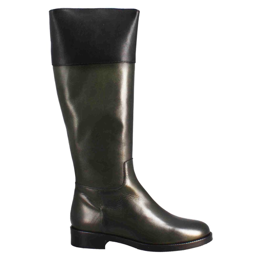 Leonardo Smooth Women'S Knee-High Boot With Low Heel In Green And Black Leather