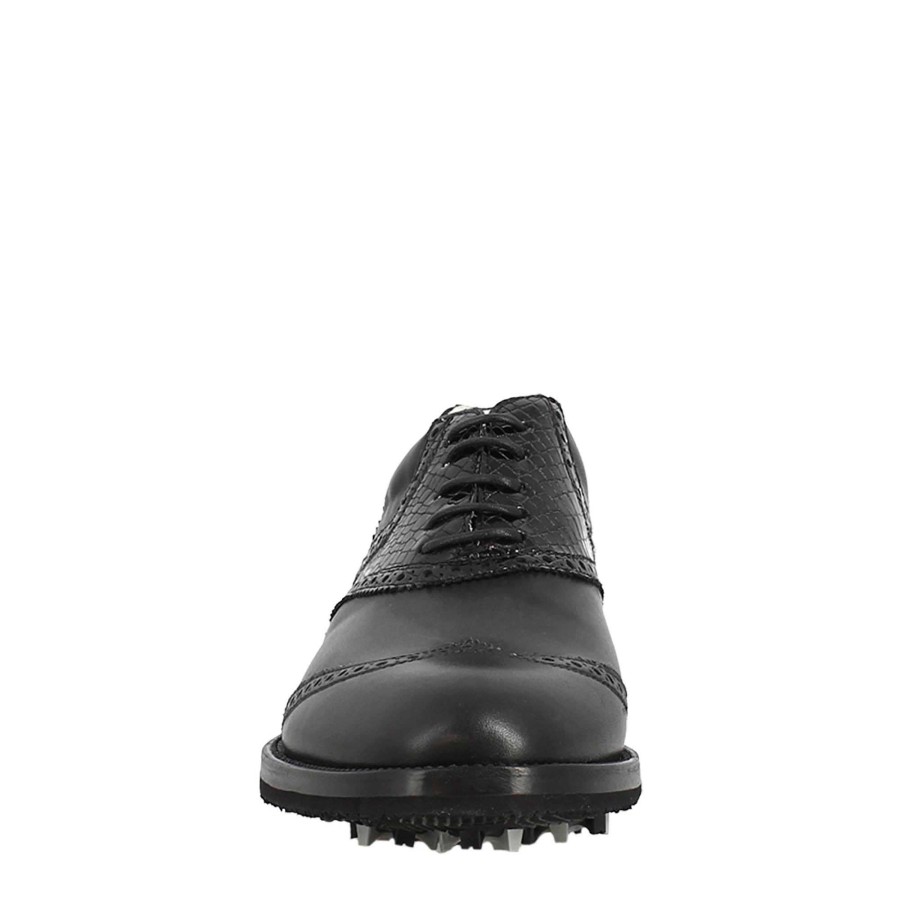 Leonardo Women'S Golf Shoes In Black Crocodile With Handcrafted Leather Brogue Details