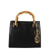 Leonardo Mini Bamboo Women'S Handbag In Black Leather With Wooden Handles And Shoulder Strap