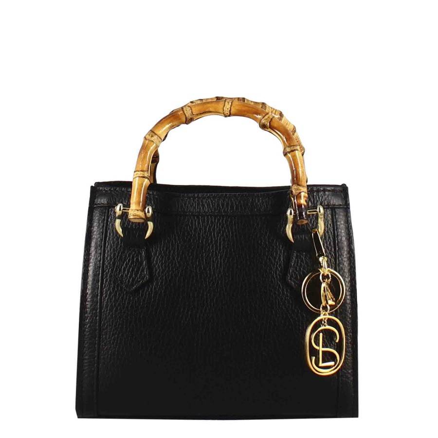 Leonardo Mini Bamboo Women'S Handbag In Black Leather With Wooden Handles And Shoulder Strap