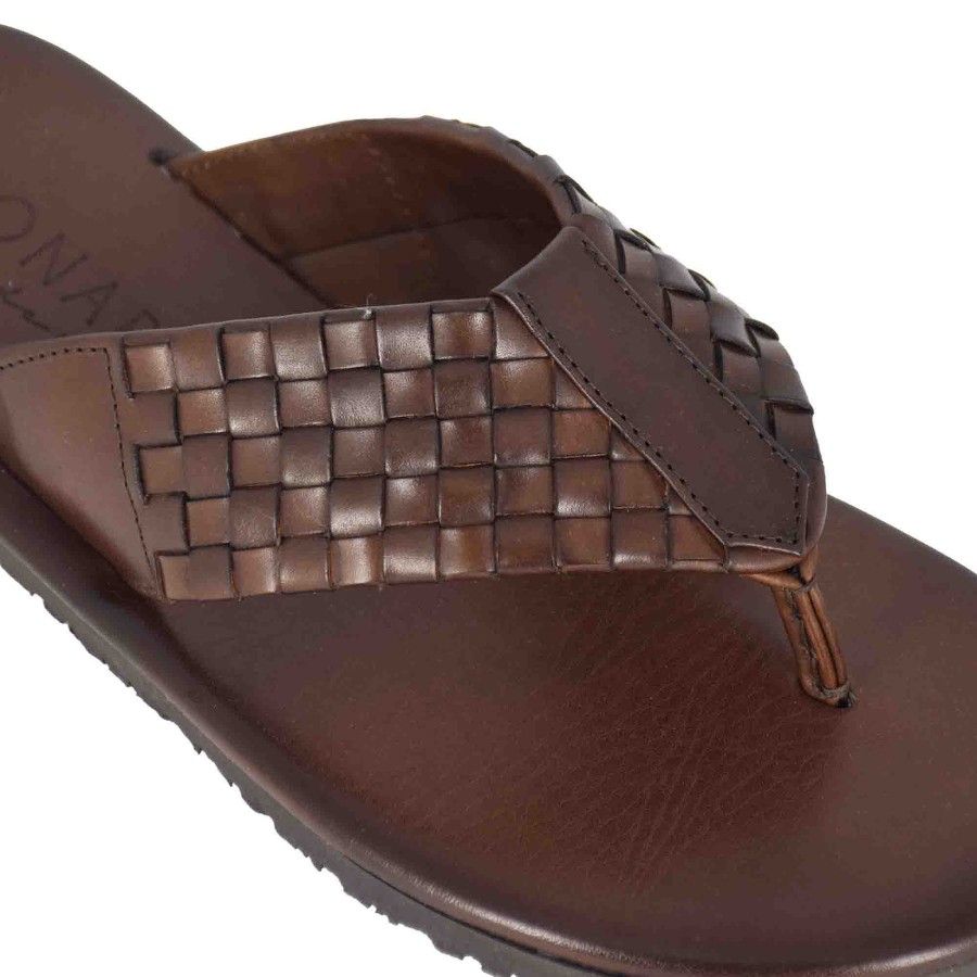 Leonardo Handmade Brown Braided Leather Men'S Flip Flops