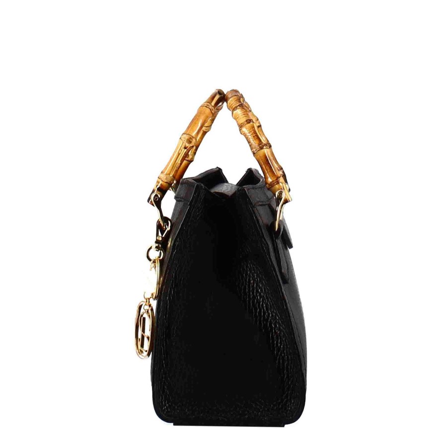 Leonardo Mini Bamboo Women'S Handbag In Black Leather With Wooden Handles And Shoulder Strap