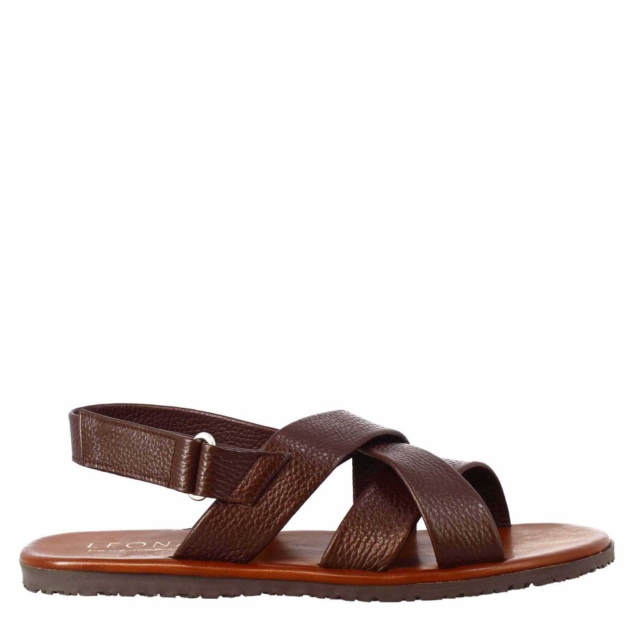 Leonardo Handmade Men'S Sandals In Brown Leather With Velcro Closure