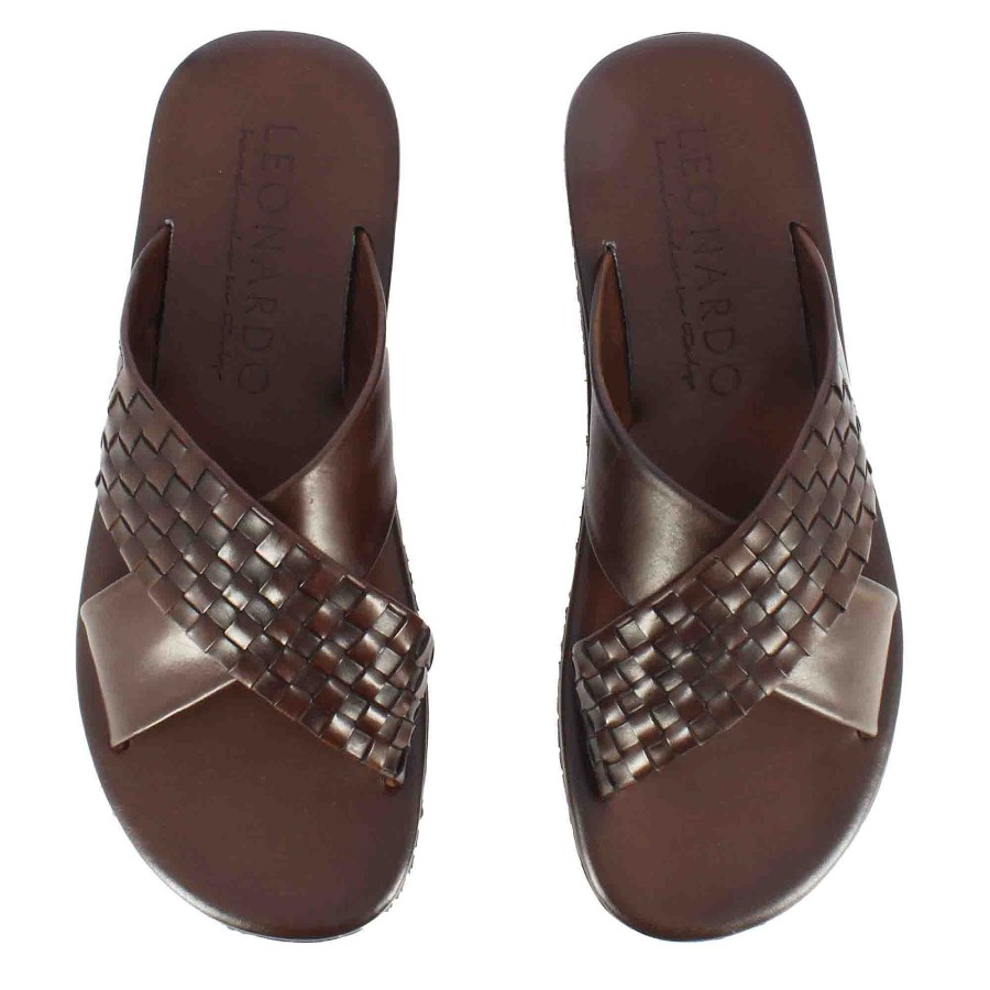 Leonardo Handmade Brown Leather Men'S Double Band Sandal