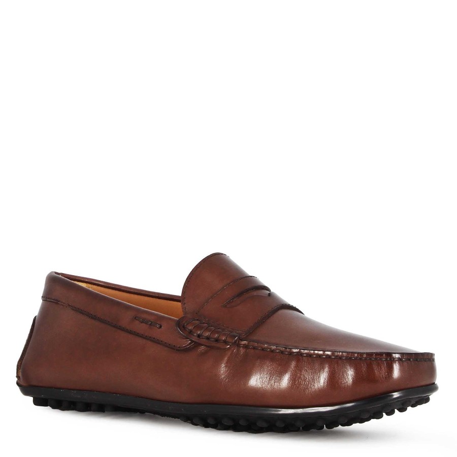 Leonardo Casual Men'S Moccasin In Dark Brown Leather With Rubber Pebbled Sole